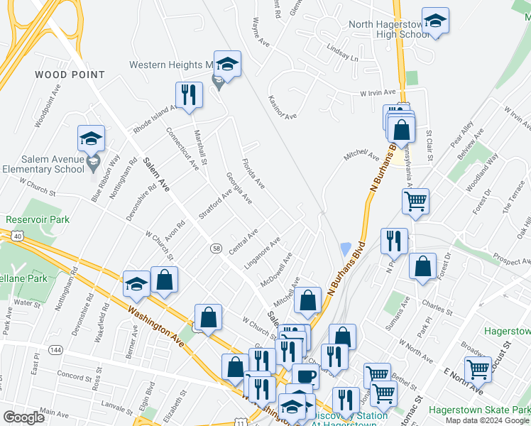 map of restaurants, bars, coffee shops, grocery stores, and more near 806 Georgia Avenue in Hagerstown