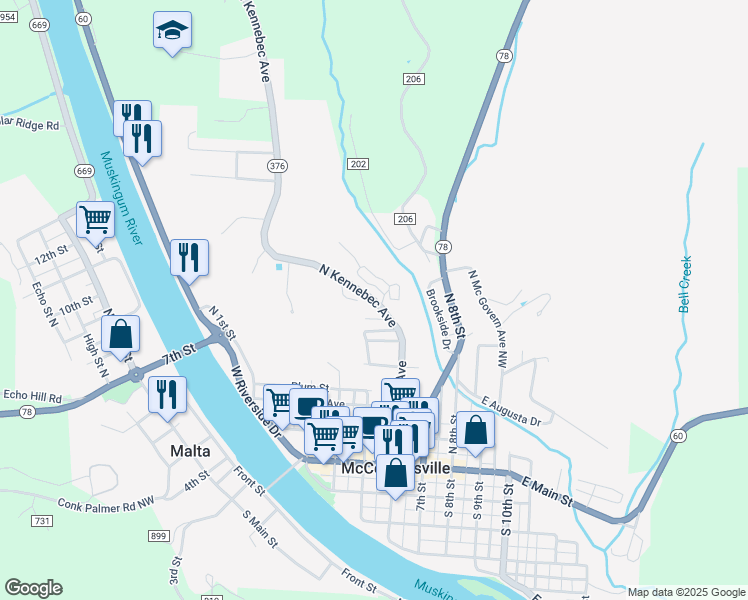 map of restaurants, bars, coffee shops, grocery stores, and more near Ohio 376 in McConnelsville