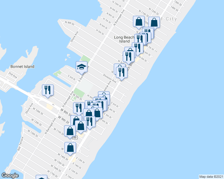 map of restaurants, bars, coffee shops, grocery stores, and more near 108 South 1st Street in Surf City