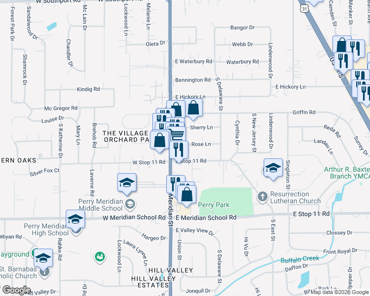map of restaurants, bars, coffee shops, grocery stores, and more near 107 Rose Lane in Indianapolis
