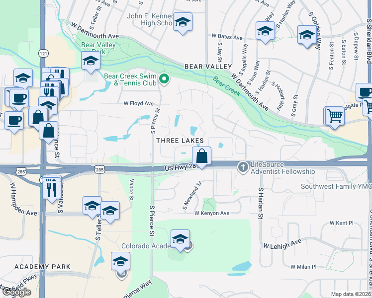 map of restaurants, bars, coffee shops, grocery stores, and more near 6652 West Hamilton Drive in Lakewood