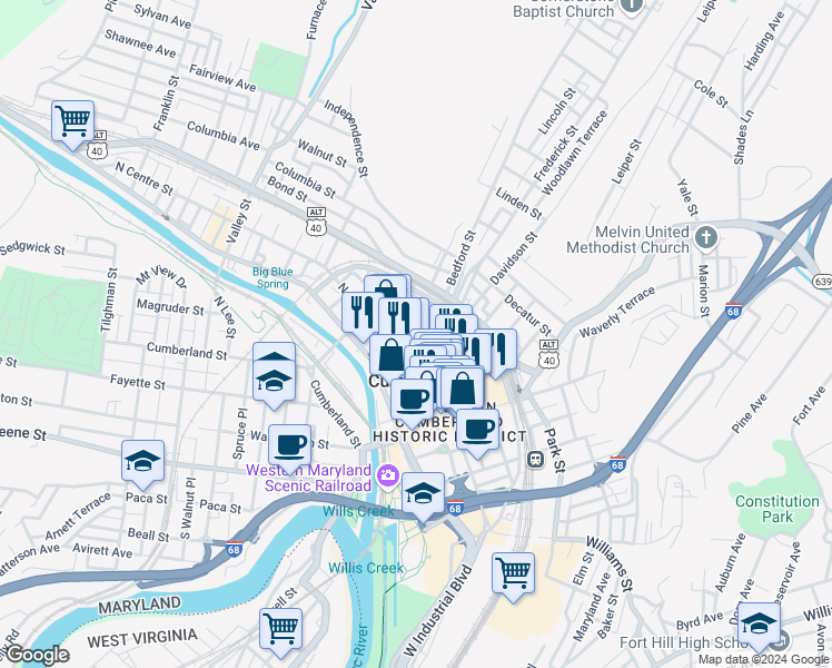 map of restaurants, bars, coffee shops, grocery stores, and more near 123 Polk Street in Cumberland