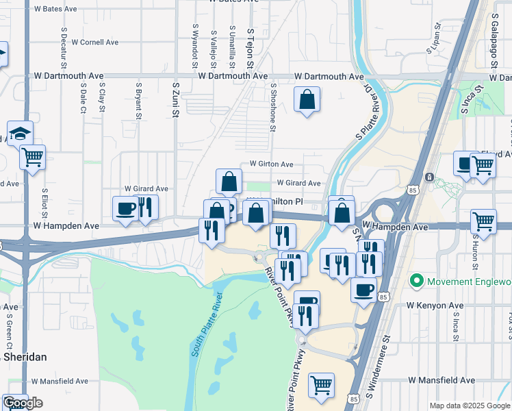 map of restaurants, bars, coffee shops, grocery stores, and more near 1900 West Hamilton Place in Englewood