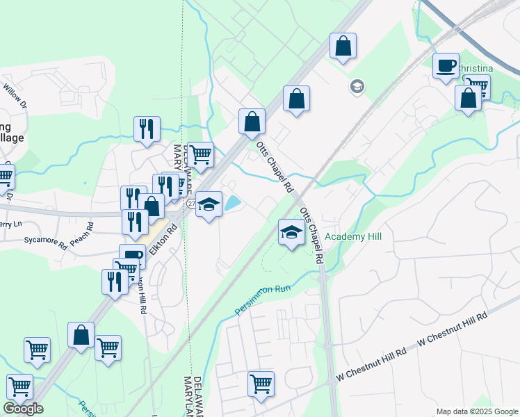 map of restaurants, bars, coffee shops, grocery stores, and more near 511 South Twin Lakes Boulevard in Newark