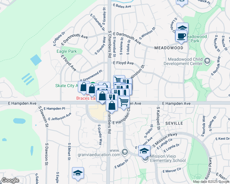 map of restaurants, bars, coffee shops, grocery stores, and more near in Aurora