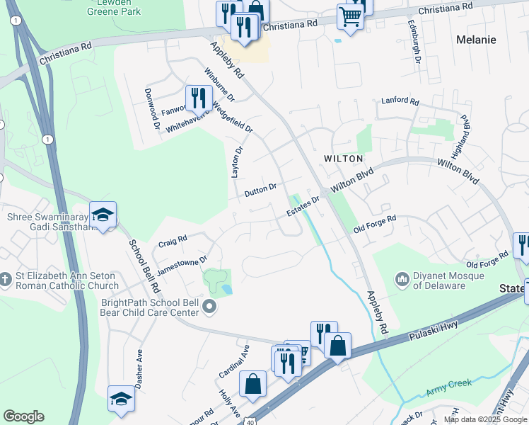 map of restaurants, bars, coffee shops, grocery stores, and more near 8 Blyth Court in New Castle