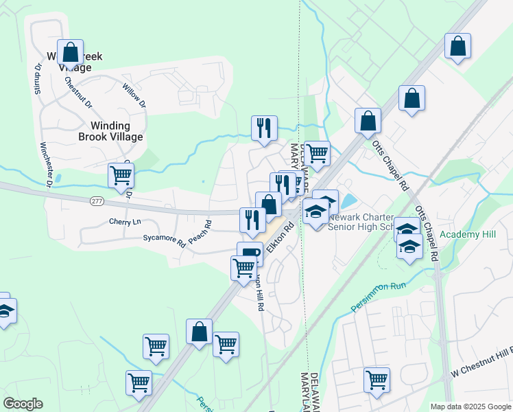 map of restaurants, bars, coffee shops, grocery stores, and more near 4 Caribou Court in Elkton
