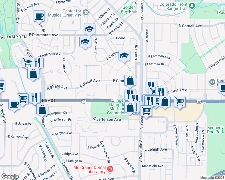 map of restaurants, bars, coffee shops, grocery stores, and more near 8525 East Hampden Avenue in Denver