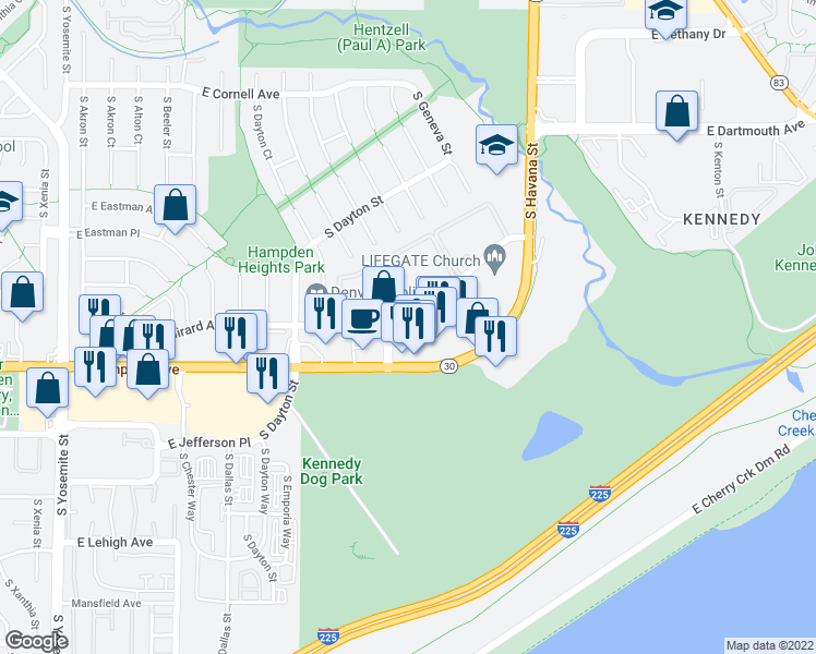 map of restaurants, bars, coffee shops, grocery stores, and more near 10013 East Hampden Avenue in Denver