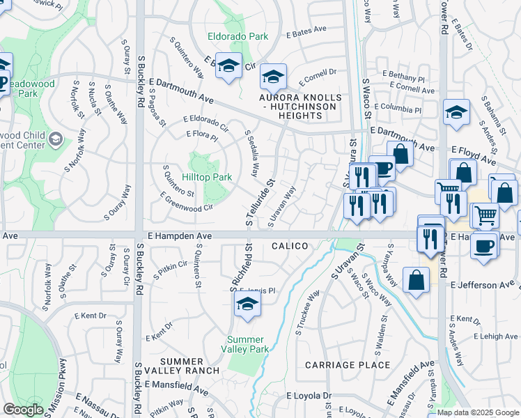 map of restaurants, bars, coffee shops, grocery stores, and more near 3499 South Telluride Street in Aurora