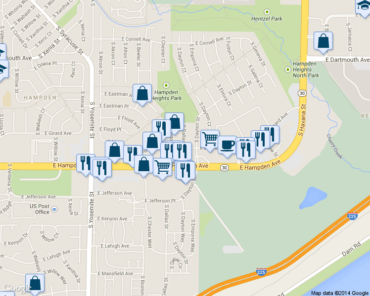 map of restaurants, bars, coffee shops, grocery stores, and more near 9600 East Girard Avenue in Denver