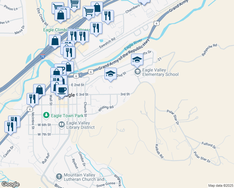 map of restaurants, bars, coffee shops, grocery stores, and more near 747 East 3rd Street in Eagle