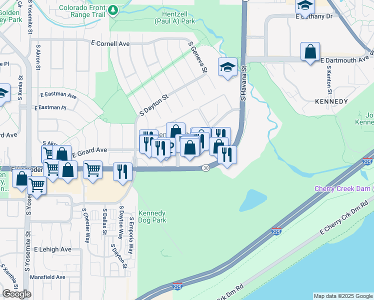 map of restaurants, bars, coffee shops, grocery stores, and more near 10013 East Hampden Avenue in Denver