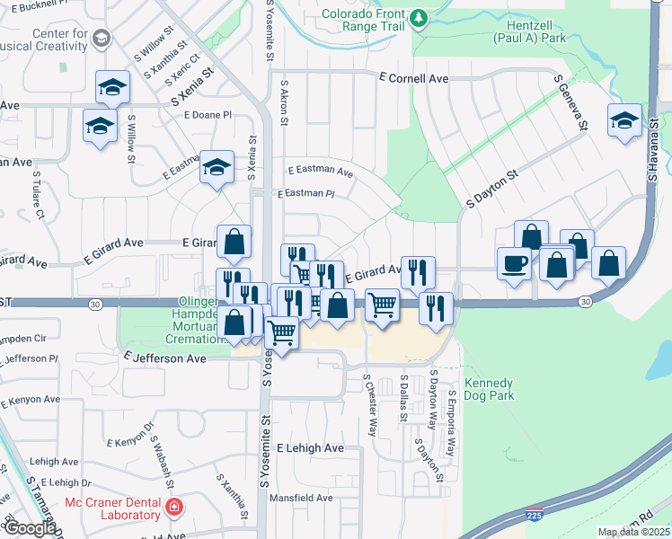 map of restaurants, bars, coffee shops, grocery stores, and more near 9005 East Girard Avenue in Denver