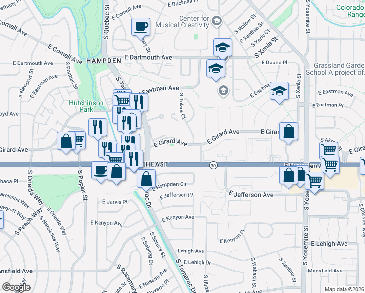 map of restaurants, bars, coffee shops, grocery stores, and more near 8085 East Hampden Avenue in Denver