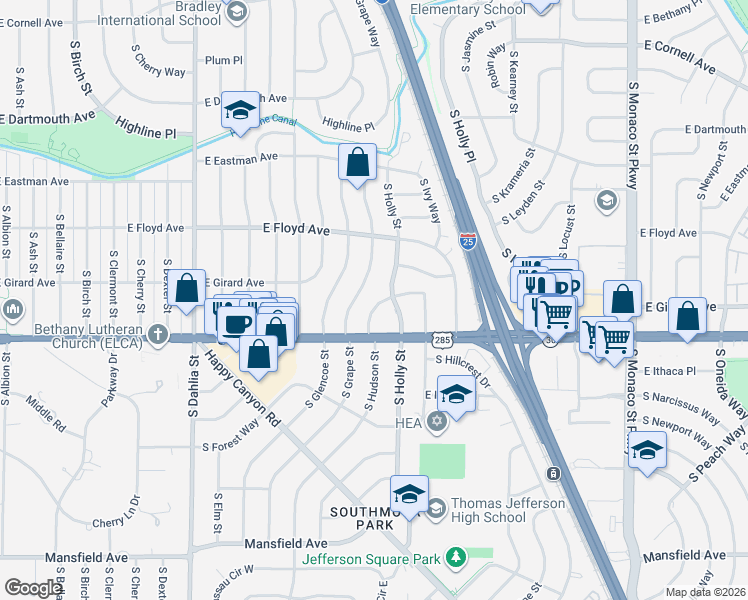 map of restaurants, bars, coffee shops, grocery stores, and more near 3432 South Hudson Way in Denver