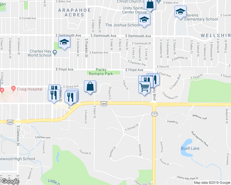 map of restaurants, bars, coffee shops, grocery stores, and more near 1850 Girard Place South in Englewood