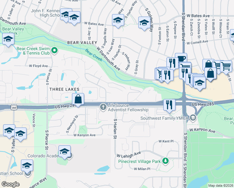 map of restaurants, bars, coffee shops, grocery stores, and more near 5995 West Hampden Avenue in Denver