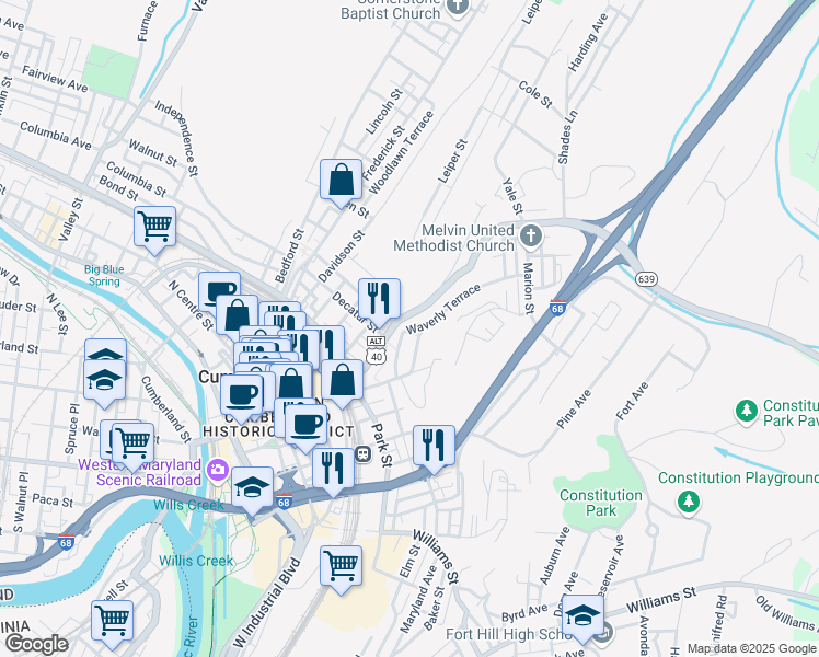 map of restaurants, bars, coffee shops, grocery stores, and more near 25 Waverly Terrace in Cumberland