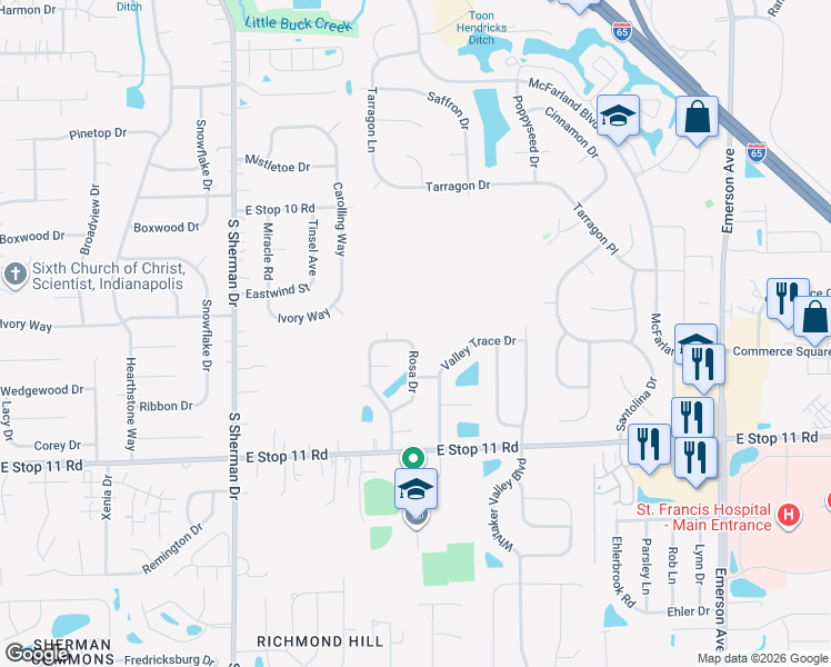 map of restaurants, bars, coffee shops, grocery stores, and more near 7785 Rosa Drive in Indianapolis
