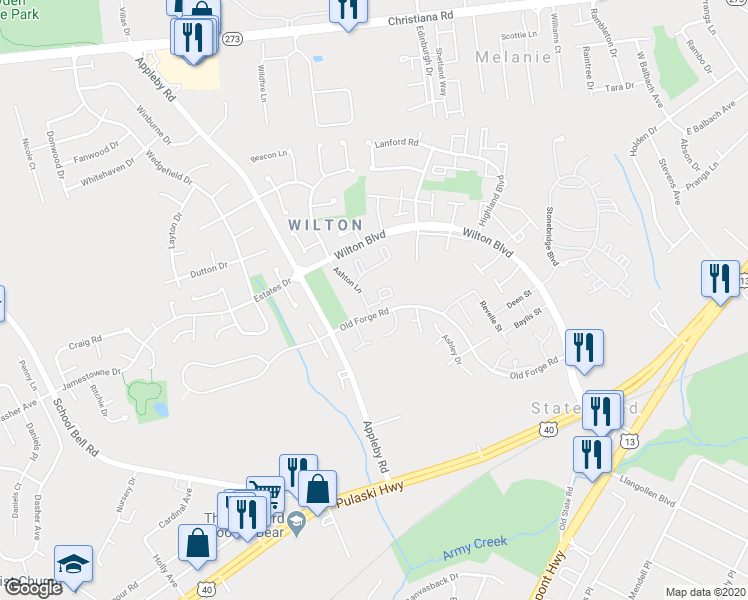 map of restaurants, bars, coffee shops, grocery stores, and more near 118 Stonehurst Court in New Castle