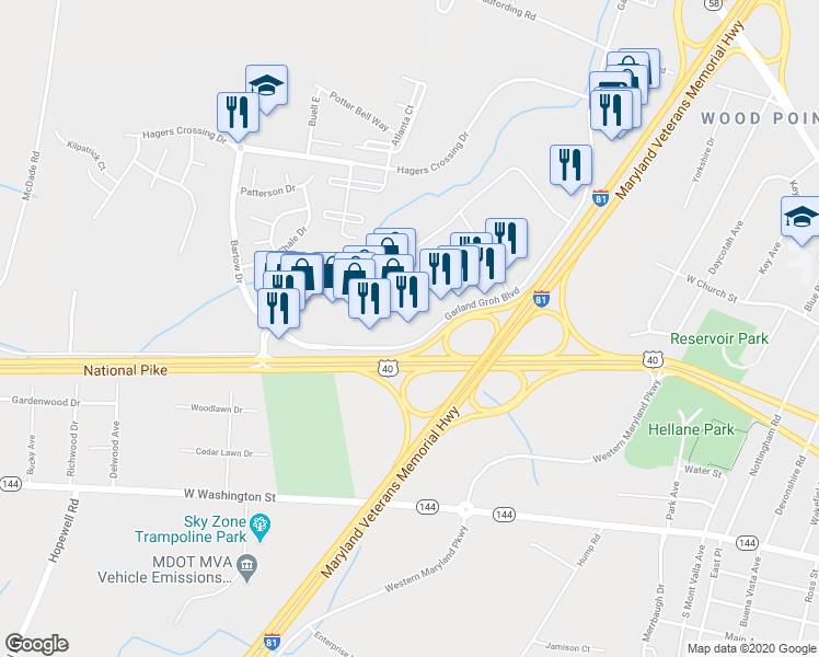 map of restaurants, bars, coffee shops, grocery stores, and more near 17734 Garland Groh Boulevard in Hagerstown