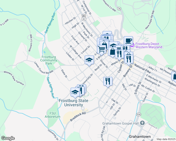 map of restaurants, bars, coffee shops, grocery stores, and more near 3 East College Avenue in Frostburg