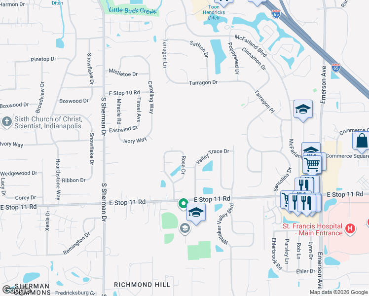 map of restaurants, bars, coffee shops, grocery stores, and more near 7785 Rosa Drive in Indianapolis