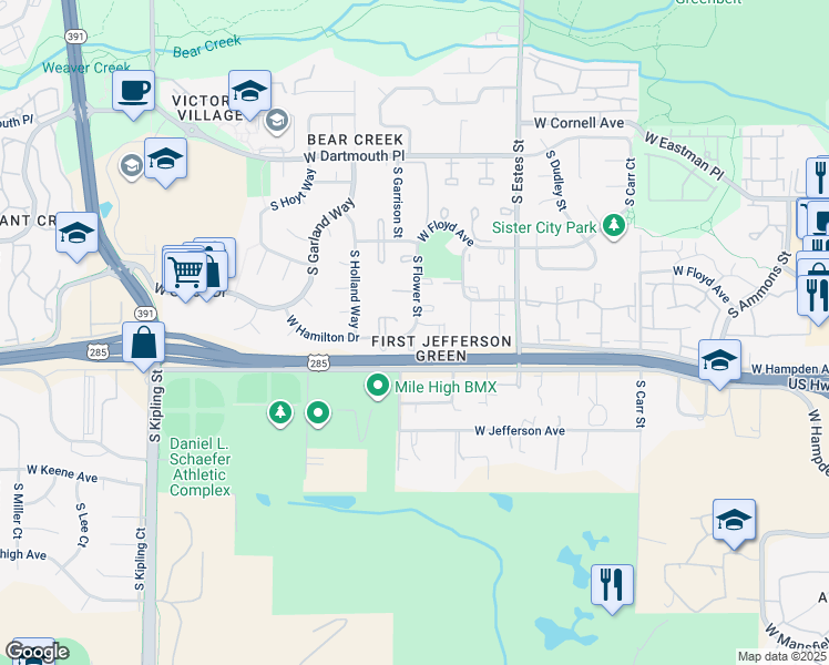 map of restaurants, bars, coffee shops, grocery stores, and more near 3354 South Flower Street in Denver