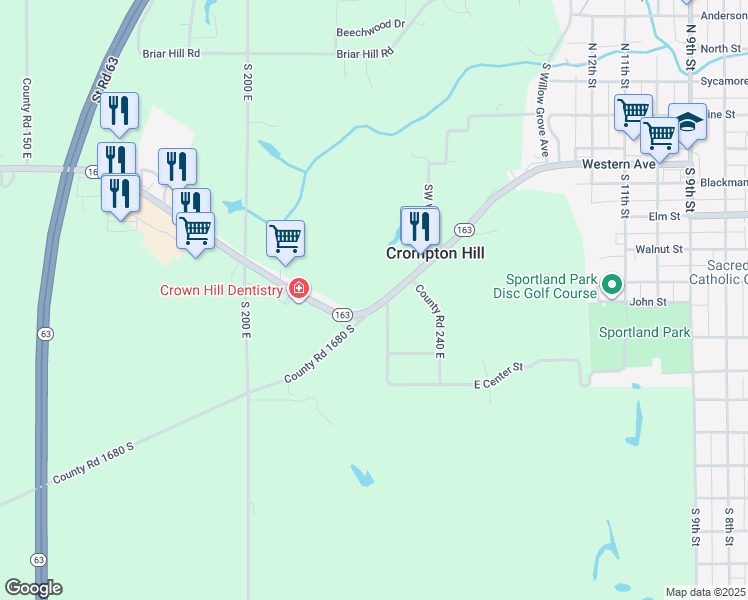 map of restaurants, bars, coffee shops, grocery stores, and more near 2282 Indiana 163 in Clinton