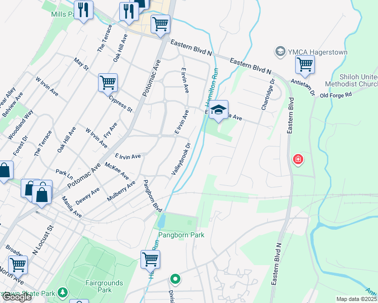 map of restaurants, bars, coffee shops, grocery stores, and more near 1056 Valleybrook Drive in Hagerstown