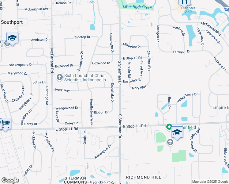 map of restaurants, bars, coffee shops, grocery stores, and more near 7723 Snowflake Drive in Indianapolis