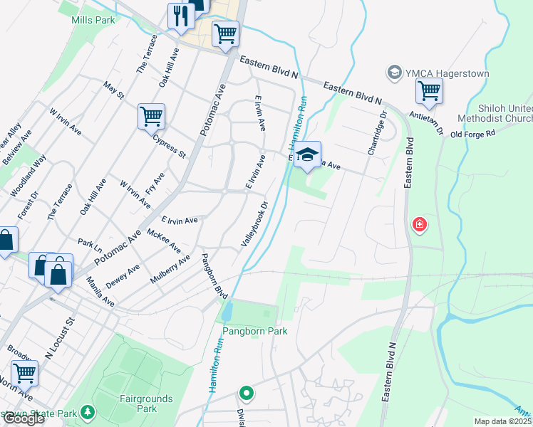 map of restaurants, bars, coffee shops, grocery stores, and more near 1056 Valleybrook Drive in Hagerstown