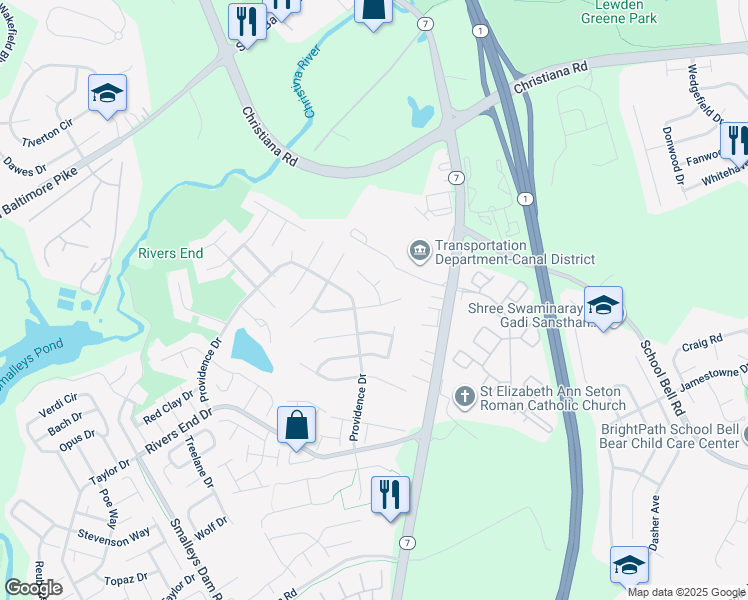 map of restaurants, bars, coffee shops, grocery stores, and more near 225 Bynum Place in Bear