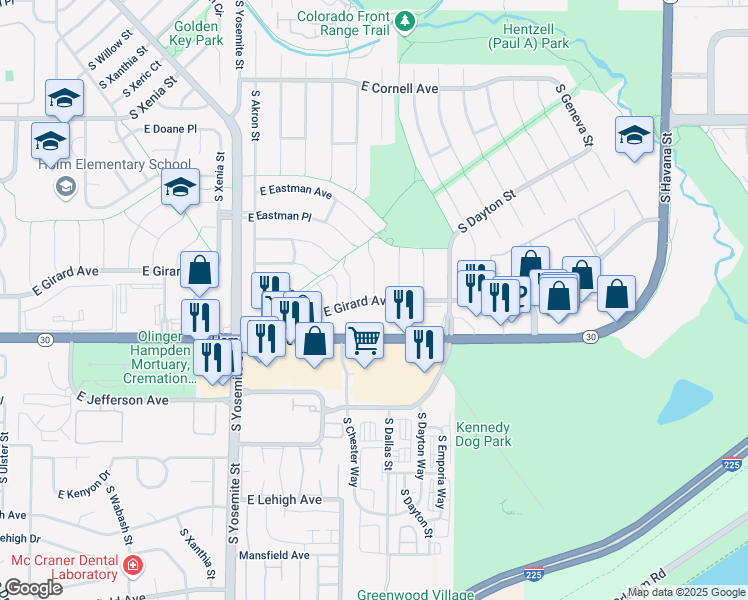 map of restaurants, bars, coffee shops, grocery stores, and more near 6112 South Chester Court in Denver