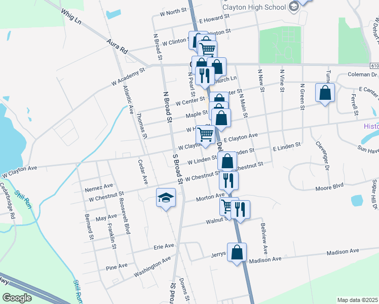 map of restaurants, bars, coffee shops, grocery stores, and more near 130 West Clayton Avenue in Clayton