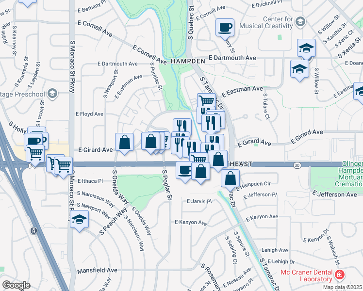 map of restaurants, bars, coffee shops, grocery stores, and more near 7525 East Hampden Avenue in Denver