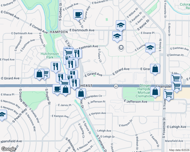 map of restaurants, bars, coffee shops, grocery stores, and more near 8030 East Girard Avenue in Denver