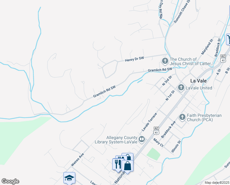 map of restaurants, bars, coffee shops, grocery stores, and more near 12602 Gramlich Road Southwest in La Vale