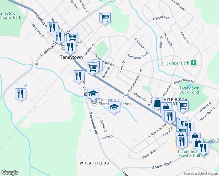 map of restaurants, bars, coffee shops, grocery stores, and more near 318 East Baltimore Street in Taneytown