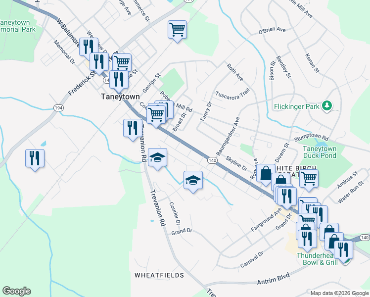 map of restaurants, bars, coffee shops, grocery stores, and more near 318 East Baltimore Street in Taneytown