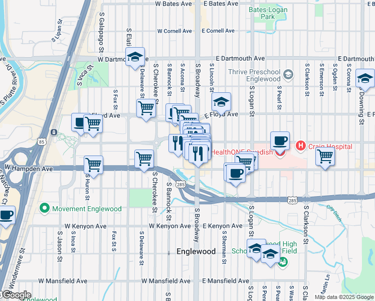 map of restaurants, bars, coffee shops, grocery stores, and more near 3449 South Broadway in Englewood