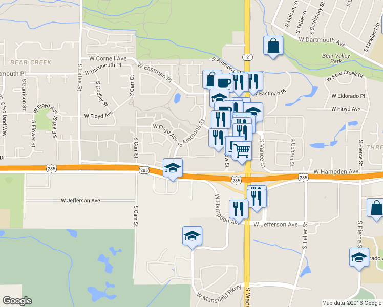 map of restaurants, bars, coffee shops, grocery stores, and more near 8045 West Hampden Avenue in Lakewood