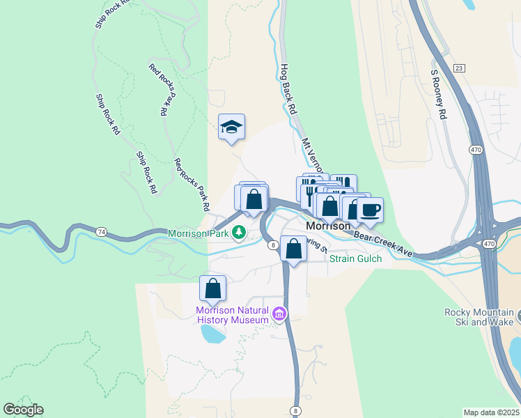 map of restaurants, bars, coffee shops, grocery stores, and more near 103 Bear Creek Lane in Morrison