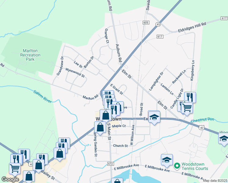 map of restaurants, bars, coffee shops, grocery stores, and more near 23 East Grant Street in Woodstown