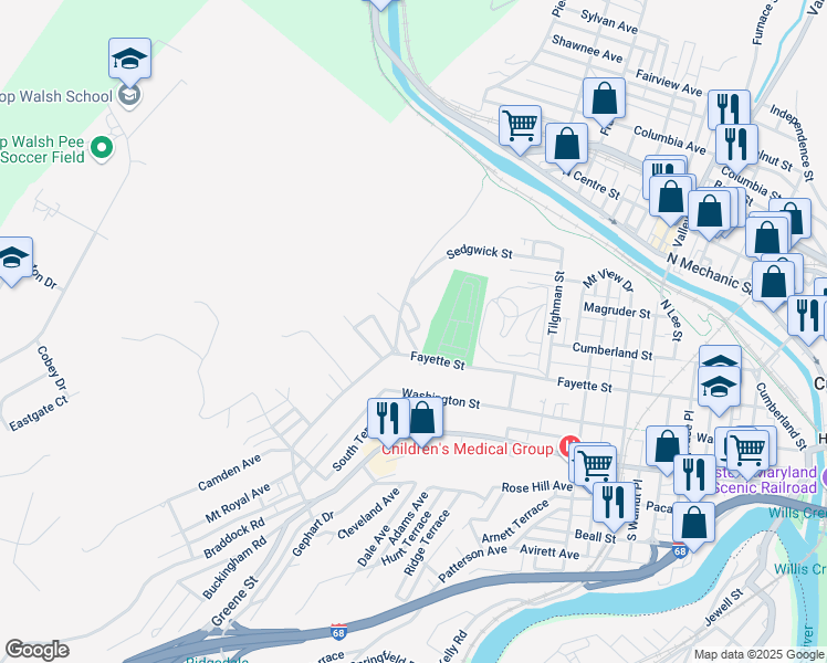 map of restaurants, bars, coffee shops, grocery stores, and more near 103 Wills Creek Avenue in Cumberland