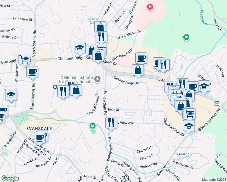 map of restaurants, bars, coffee shops, grocery stores, and more near 1033 Village Drive in Morgantown