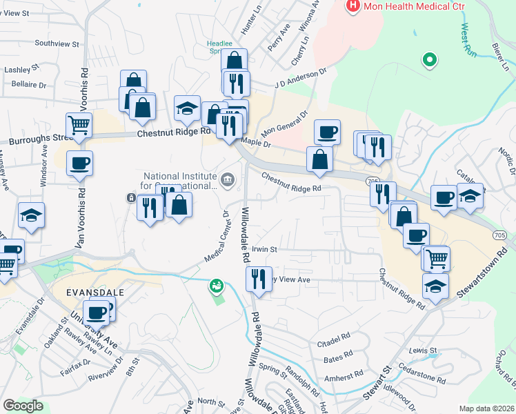 map of restaurants, bars, coffee shops, grocery stores, and more near 7 Willow Ridge Drive in Morgantown