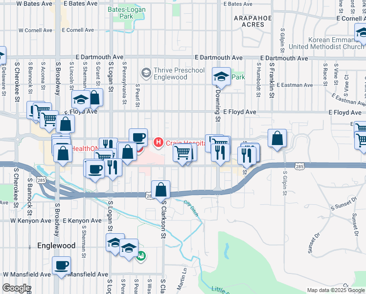 map of restaurants, bars, coffee shops, grocery stores, and more near 3446 South Emerson Street in Englewood