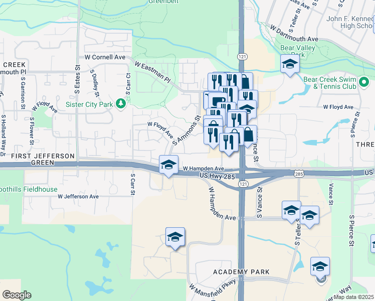 map of restaurants, bars, coffee shops, grocery stores, and more near 8045 West Hampden Avenue in Lakewood